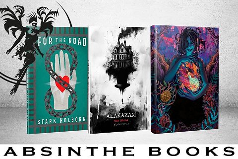 Banner image showing the three latest titles from Absinthe Books - For the Road by Stark Holborn (left), Alakazam by Mia Dalia (centre), Mirror Marked by Vida Cruz-Borja (right). On the left is the Absinthe Fairy logo and underneath reads ABSINTHE BOOKS