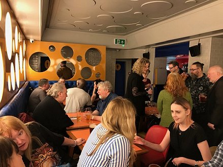 HWA pub meet after Cursed signing. Front: Marie O'Regan, Mandy Slater, Catriona Ward, Lydia Gittins. Middle: Sean Hogan, robert Shearman, Maura McHugh, Lynda E. Rucker, James Bacon, Stephen Jones