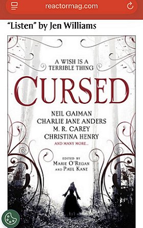 screenshot from reactormag.com. Title reads 'Listen' by Jen Williams, above a picture of the book Cursed, edited by Marie O'Regan and Paul Kane. Book cover is in black and white, and shows a female figure in a long dress surrounded by misty forest