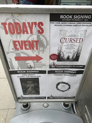 Advertisement outside Forbidden Planet Megastore for Cursed signing