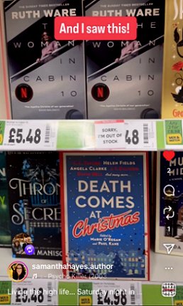 screenshot showing a copy of Death Comes at Christmas, edited by Marie O'Regan and Paul Kane, on a bookshelf at Asda. Price below reads £4.98. Text at top reads: And I saw this!