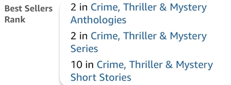 screenshot from amazon.co.uk showing rankings for Death Comes at Christmas, edited by Marie O'Regan and Paul Kane. 2 in Crime, Thriller & Mystery Anthologies, 2 in Crime, Thriller & Mystery Series, and 10 in Crime, Thriller & Mystery Short Stories