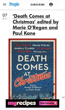 screenshot from people.com. Text reads Death Comes at Christmas, edited by Marie O'Regan and Paul Kane. Image below that of the cover for Death Comes at Christmas
