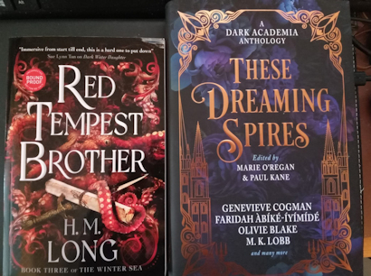 photograph showing two books. On the left RED TEMPEST BROTHER by H.M. Long. On the right, These Dreaming Spires, edited by Marie O'Regan and Paul Kane