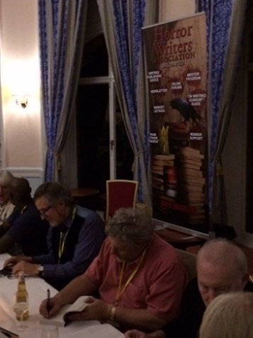 Authors signing - L to R: Jan Edwards, C.C. Adams, Reggie Oliver, Robert Shearman, Stephen Jones