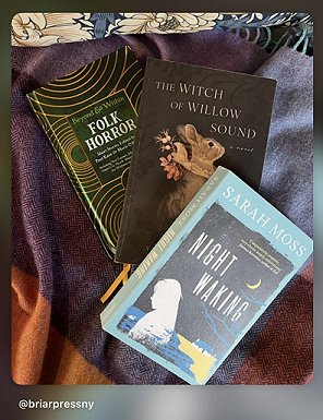 three books spread on a purple cloth. The Witch on Willow Sound, Night Waking by Sarah Moss, and Beyond and Within Witchcraft, edited by Marie O'Regan and Paul Kane