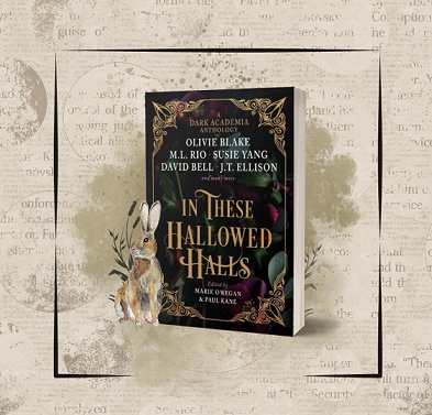 Book display - a copy of In These Hallowed Halls, edited by Marie O'Regan and Paul ane, standing against a cream background with faint images of the moon and beside an image of a hare