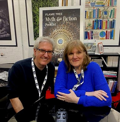 L to R: A smiling Paul Kane and Marie O'Regan, guesting on Flame Tree's Myth and Fiction podcast, recorded at London Book Fair earlier this year