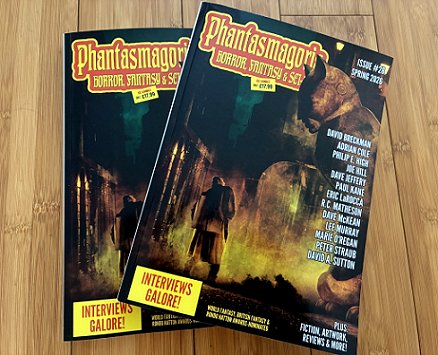photograph showing two copies of Phantasmagoria #28 on a wooden surface