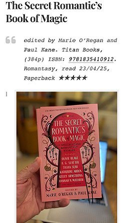screenshot of a hand holding up a copy of The Secret Romantic's Book of Magic, edited by Marie O'Regan and Paul Kane