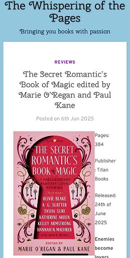 screenshot from The Whispering of the Pages, bringing you books with passion. Features an image of The Secret Romantic's Book of Magic, edited by Marie O'Regan and Paul Kane