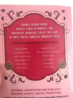 photograph of the back cover of the ARC for The Secret Romantic's Book of Magic, edited by Marie O'Regan and Paul Kane, featuring the authors Kelly Andrew, Katherine Arden, Kelley Armstrong, Megan Bannen, Olivie Blake, Eliza Chan, Kamilah Cole, Hannah Nicole Maehrer, Melissa Marr, A G Slatter, Tasha Suri and A C Wise