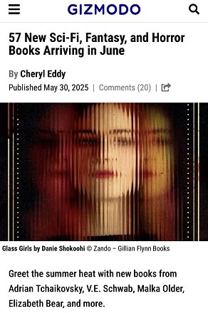 screenshot from gizmodo.com. Text reads: 57 New Sci-Fi, Fantasy, and Horror Books Arriving in June