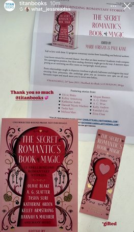 photograph of a copy of The Secret Romantic's Book of Magic, a Secret Romantic's bookmark and the book's press release against a cream surface. Text reads: Thank you so much @titanbooks