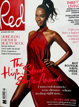 the front cover of the September issue of Red magazine. Cover shows a woman in a long red dress against a white background