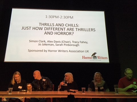 HWA sponsored panel: Thrills and Chills. L to R: Jo Jakeman, Simon Clark, Tracey Fahy, Sarah Pinborough and Alex Davis