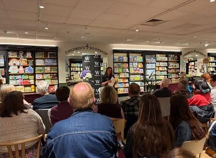 A packed audience listens to Ava Morwood talking about the inspirations for Until We Drown, at Waterstones Leeds