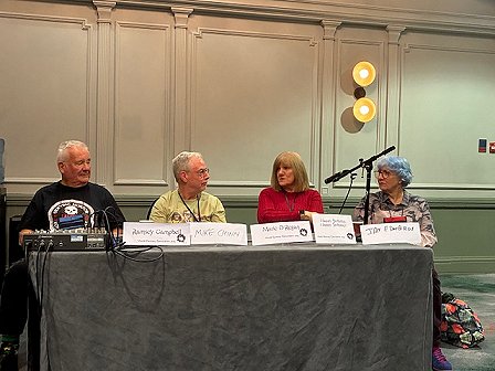 L to R: Ramsey Campbell, Mike Chinn, Marie O'Regan and Jan Edwards on the '50 Years of FantasyCon Happy Birthday panel'