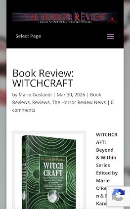 screenshot from The Horror Review. Image shows a copy of Beyond & Within Witchcraft, edited by Marie O'Regan and Paul Kane. Heading reads: Book Review: WITCHCRAFT