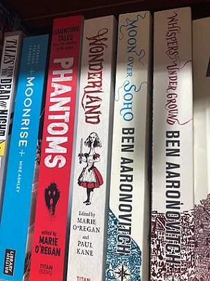 Waterstones bookshelf, featuring Wonderland, edited by Marie O'Regan and Paul Kane, as well as Phantoms, edited by Marie O'Regan
